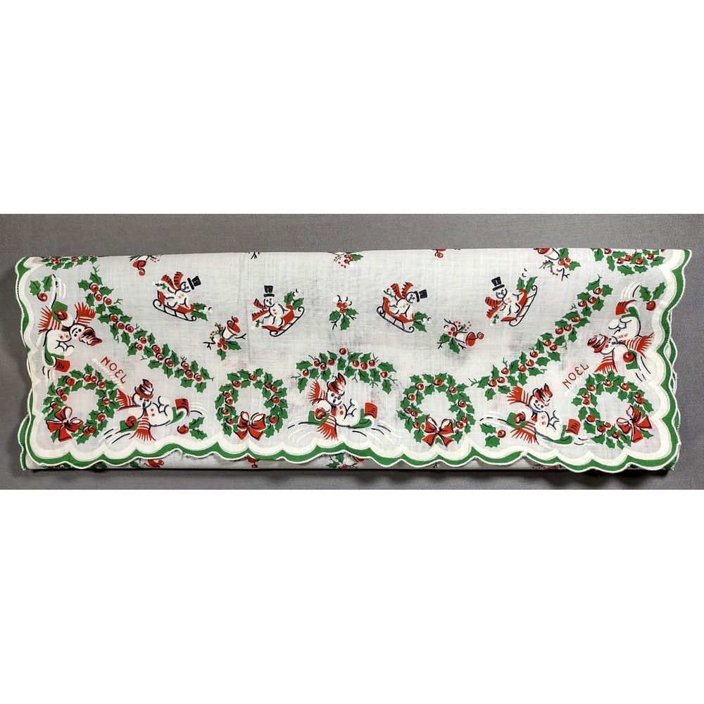 Vintage 13.25 x 13.5 Christmas Handkerchief Noel Snowmen Wreath Sled Hankie - Picture 3 of 4